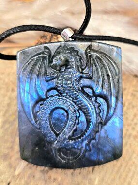 Nature Labradorite Flying Dragon Big Pendant Necklace